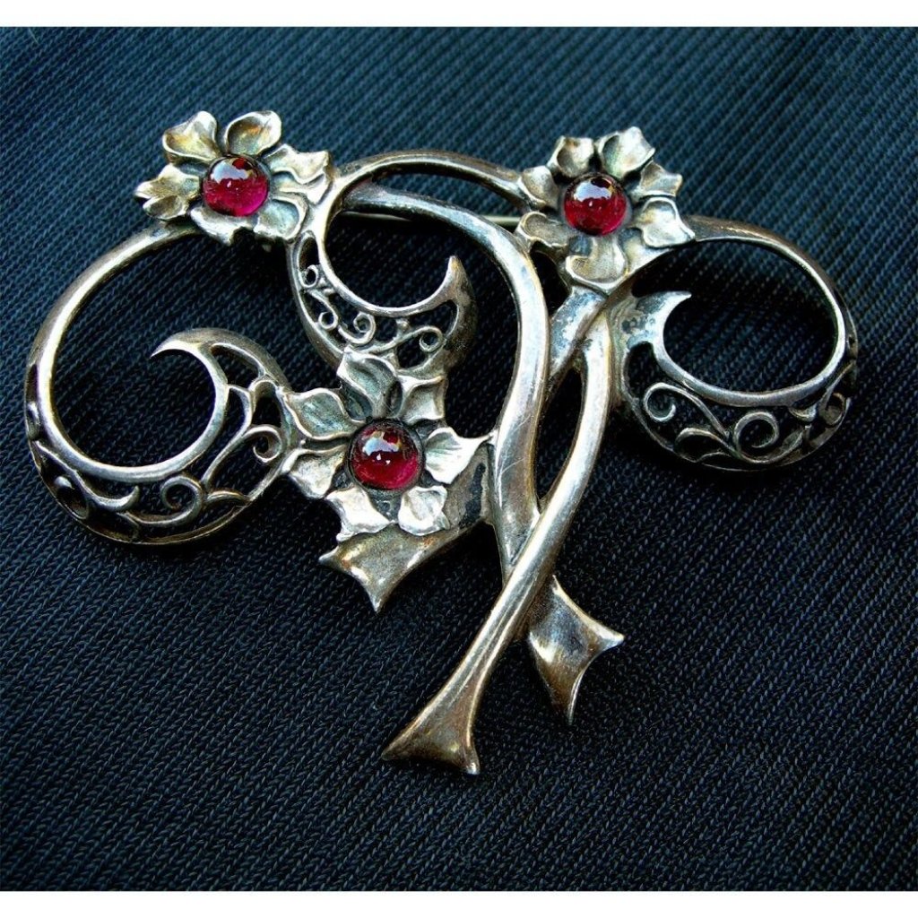 Sterling Silver And Red Stone Brooch - Signed Jezlaine